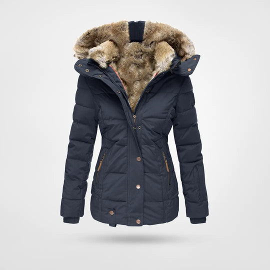Damen Steppjacke mit Kunstfellkapuze und Taillennaht - Blau