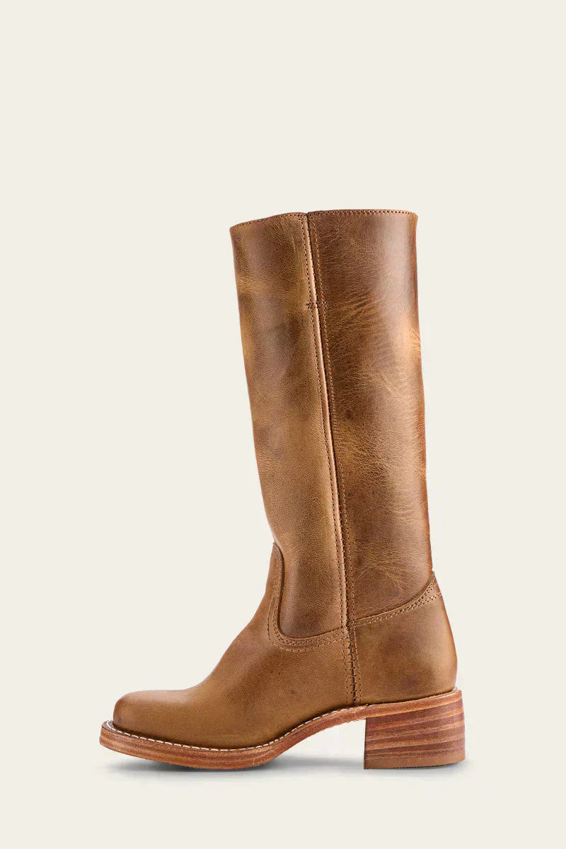 Damen Stiefel kniehoch mit Blockabsatz in Lederoptik - Braun