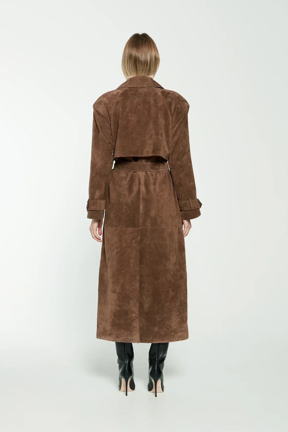 Damen Trenchcoat extralang in Wildlederoptik mit Gürtel