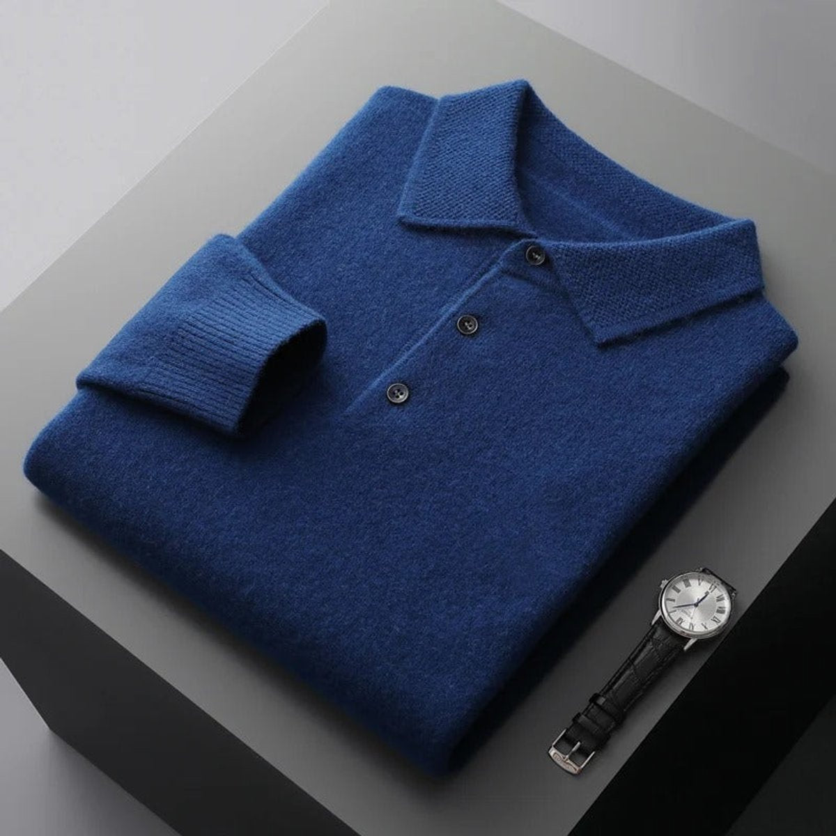 Poloshirt Herren langarm mit drei Knöpfen und Rippbund - Marineblau #Farbe_Marineblau