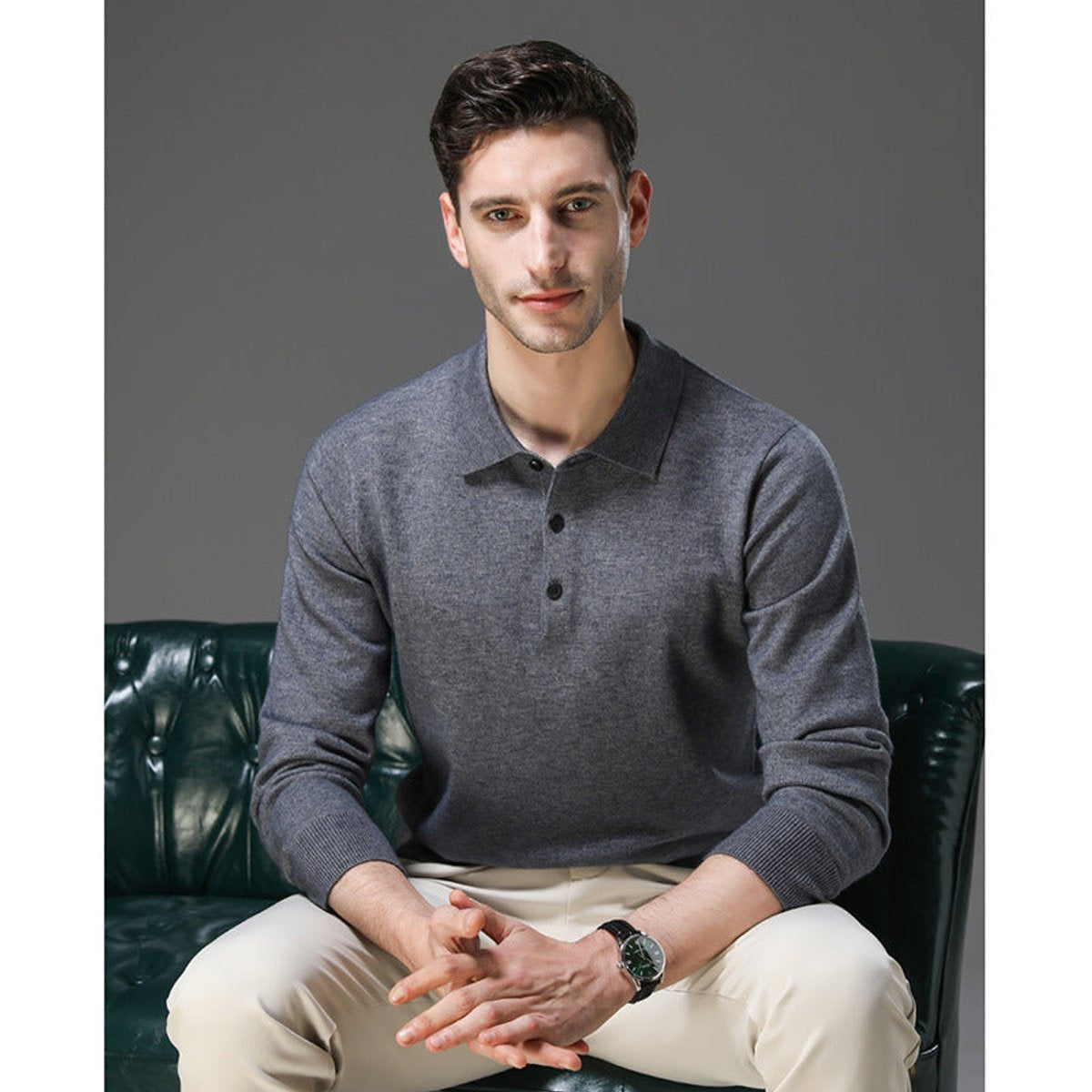 Poloshirt Herren langarm mit drei Knöpfen und Rippbund - Grau #Farbe_Grau