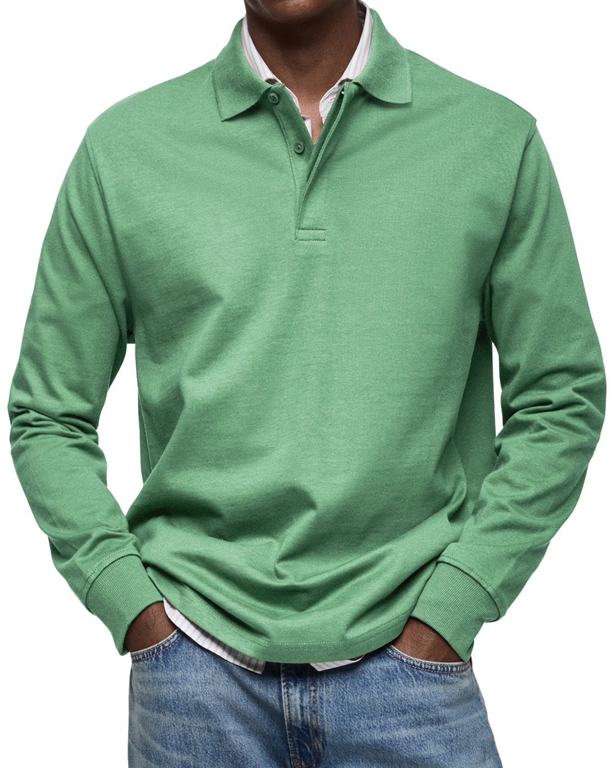 Poloshirt Herren langarm mit kurzer Blende und Ärmelbund - Grün #Farbe_Grün