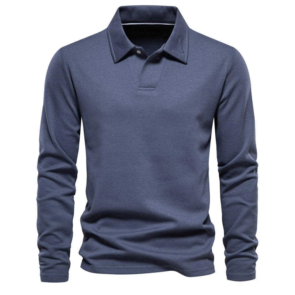 Poloshirt Herren langarm mit offener kurzer Halsblende - Blau #Farbe_Blau