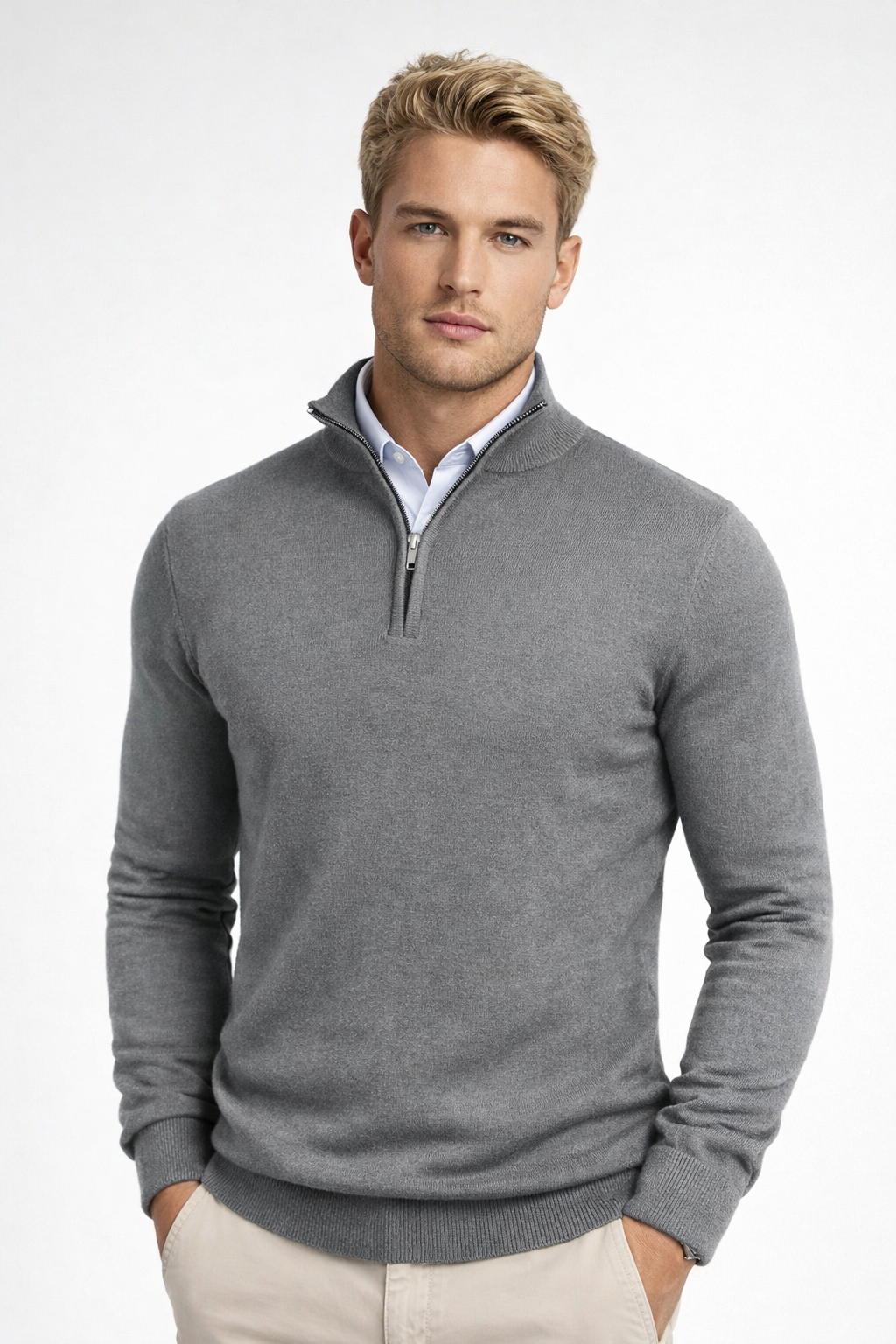 Strickpullover Herren mit kurzem Zip und schmalem Bund - Grau #Farbe_Grau