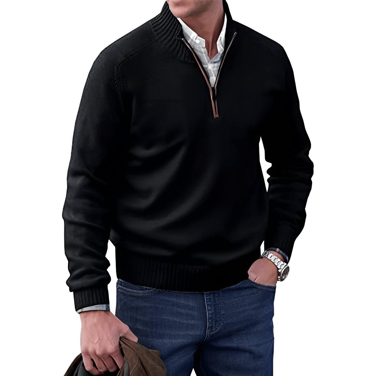 Strickpullover Herren mit Rippenkragen und kurzem Zip - Schwarz #Farbe_Schwarz