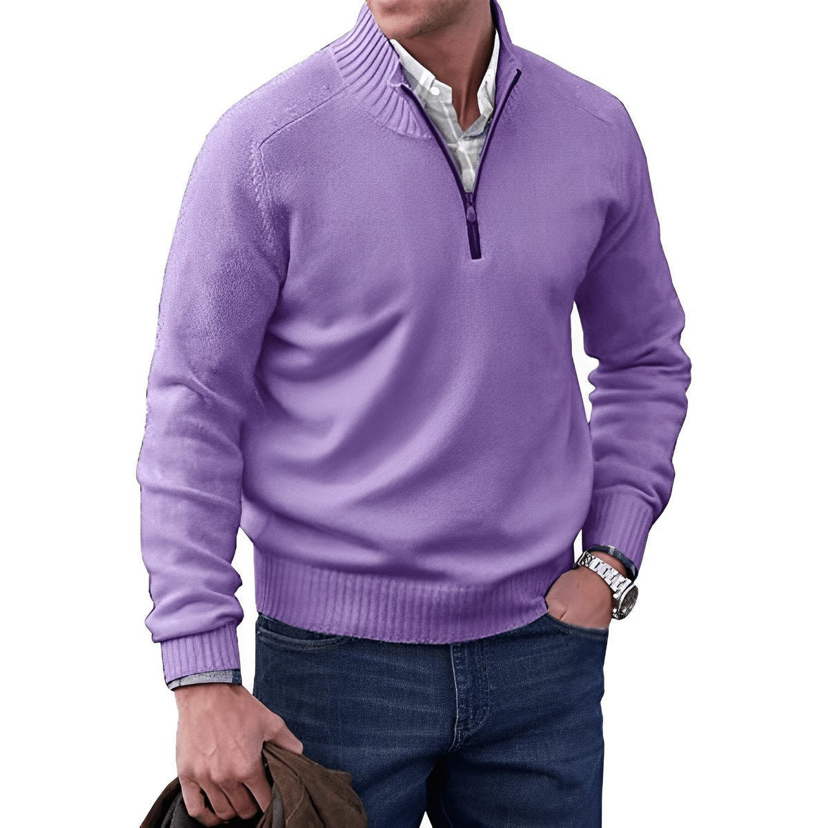 Strickpullover Herren mit Rippenkragen und kurzem Zip - Violett #Farbe_Violett