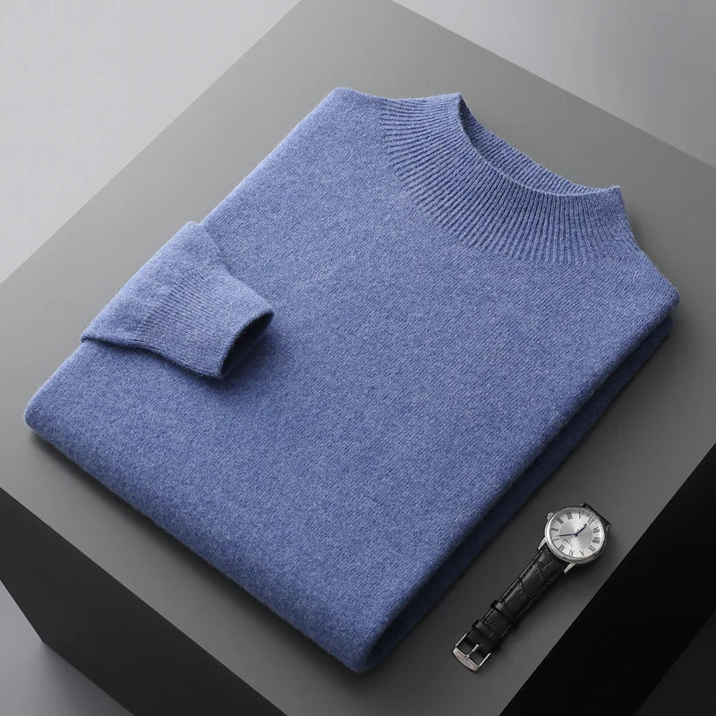 Strickpullover Herren mit Stehkragen und feinem Ripprand - Blau #Farbe_Blau