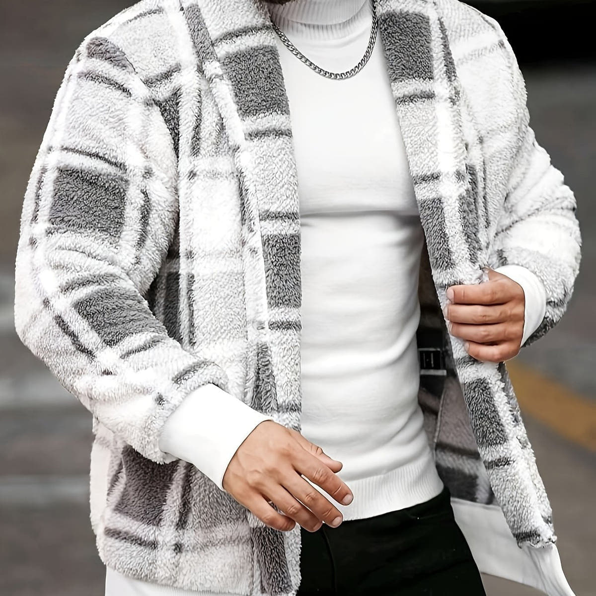 Übergangsjacke Herren mit Karos und breiten Rippbündchen - Weiss-Grau #Farbe_Weiss-Grau