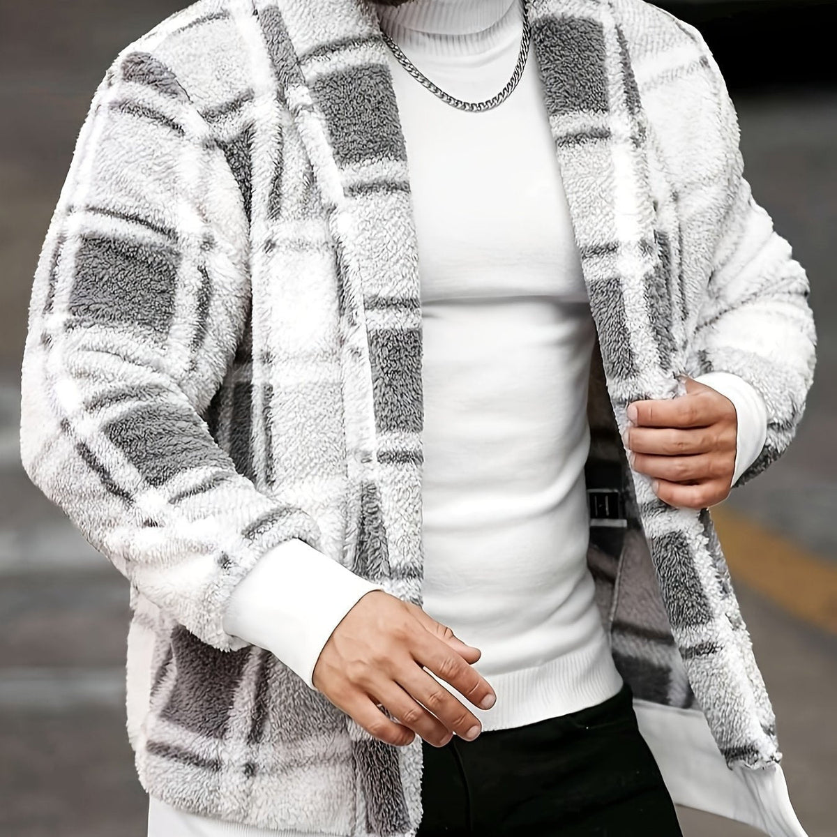 Übergangsjacke Herren mit Karos und breiten Rippbündchen - Weiss-Grau #Farbe_Weiss-Grau