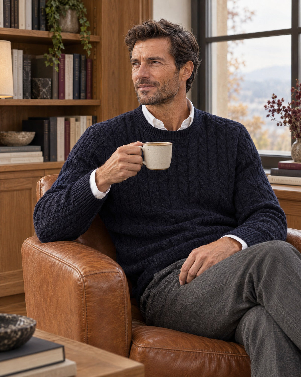 Mann im dunkelblauen Zopfstrickpullover mit Kaffeetasse im Lesesessel
