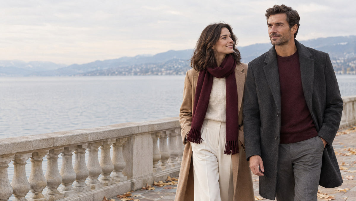 Frau im camelfarbenen Mantel und Mann im anthrazitfarbenen Mantel an der Seepromenade in Zürich im Herbst