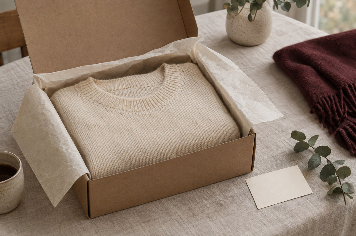 Geöffneter Versandkarton mit Seidenpapier und gefaltetem Strickpullover