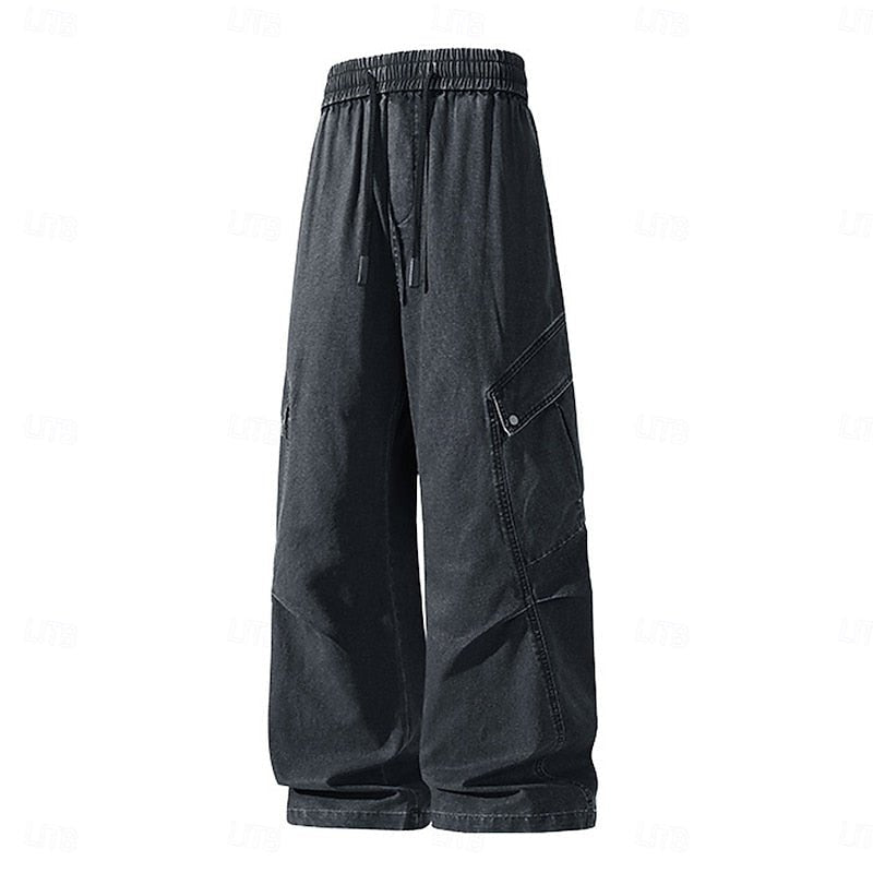Cargohose Herren mit weitem Bein und Druckknopftaschen - Schwarz #Farbe_Schwarz