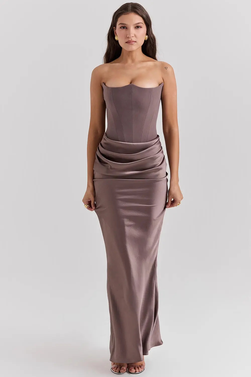 Damen Abendkleid bodenlang mit Bandeau und Raffung - Rauch