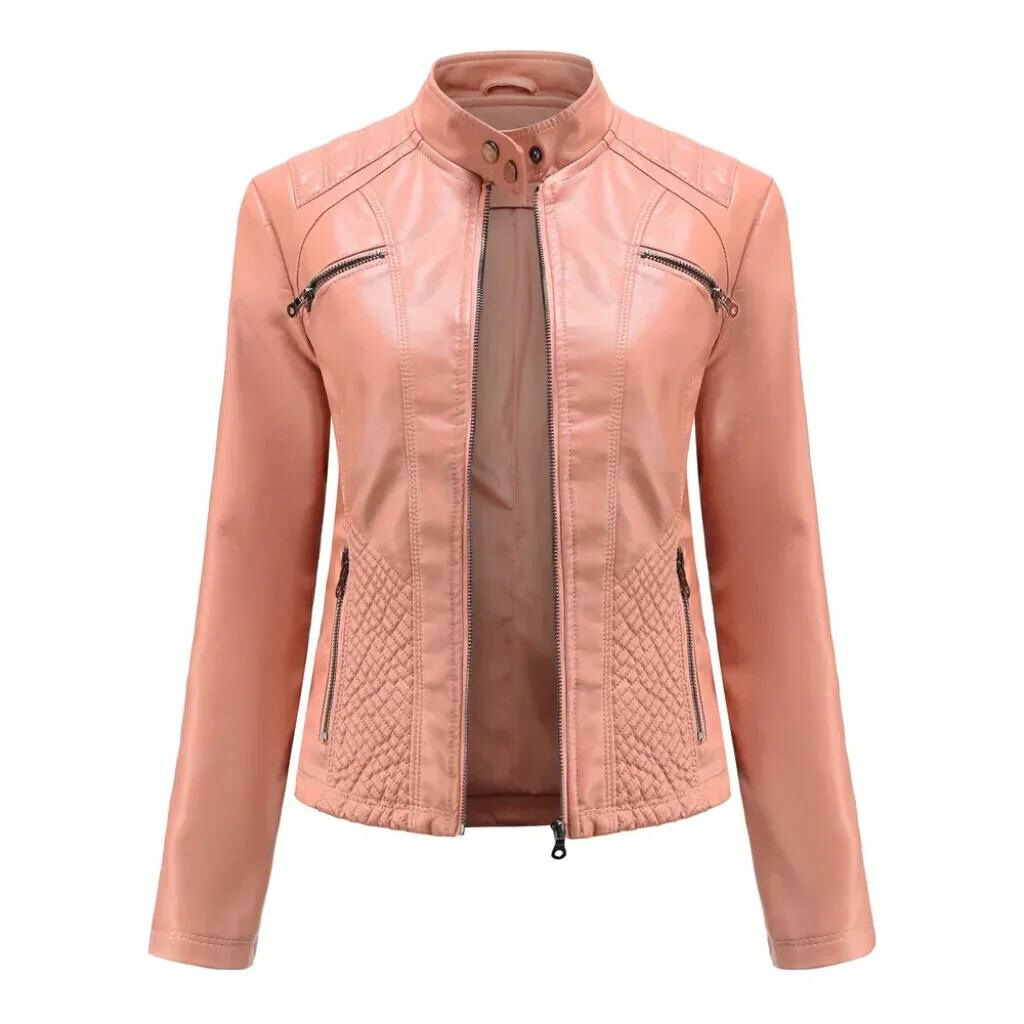 Damen Bikerjacke in Kunstlederoptik mit Stehkragen - Pink