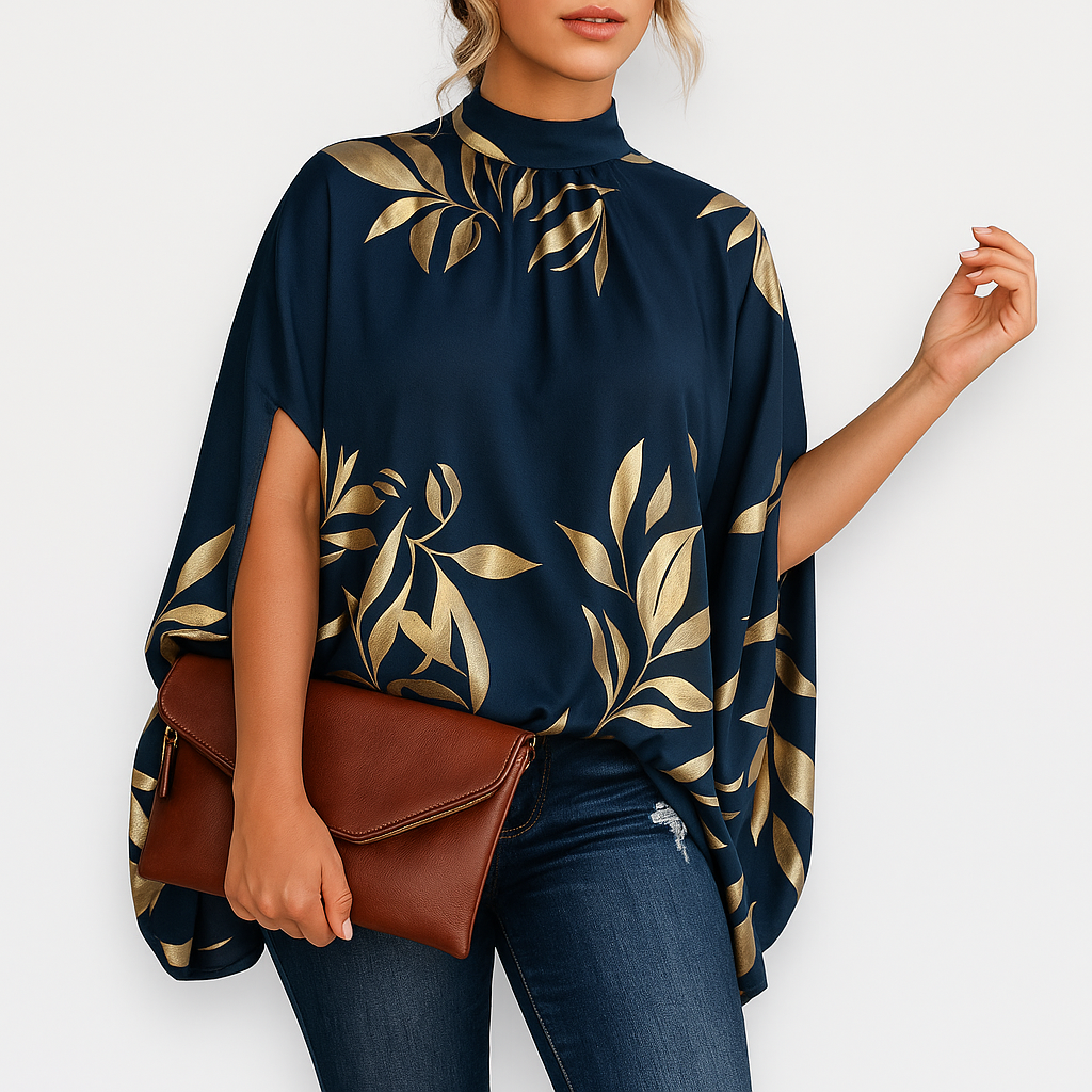 Damen Bluse mit Linienmuster und Stehkragen locker - Blau