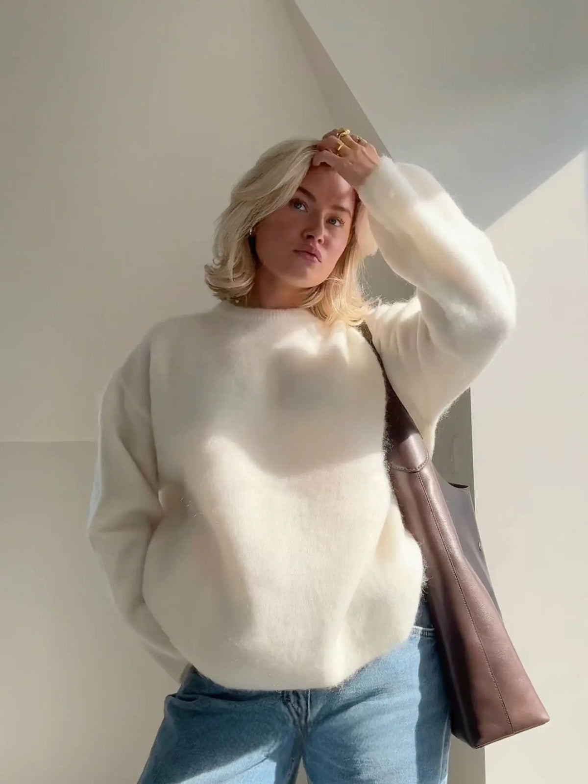 Damen Pullover in Flauschoptik mit weiten Ärmeln kurz - Creme