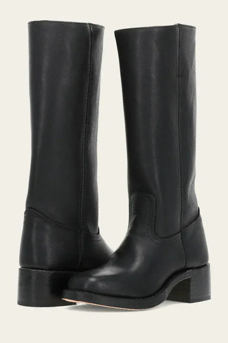 Damen Stiefel kniehoch mit Blockabsatz in Lederoptik - Schwarz