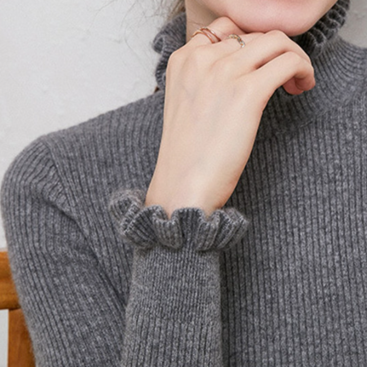 Damen Strick Top mit Rüschenkragen und langen Ärmeln - Gray