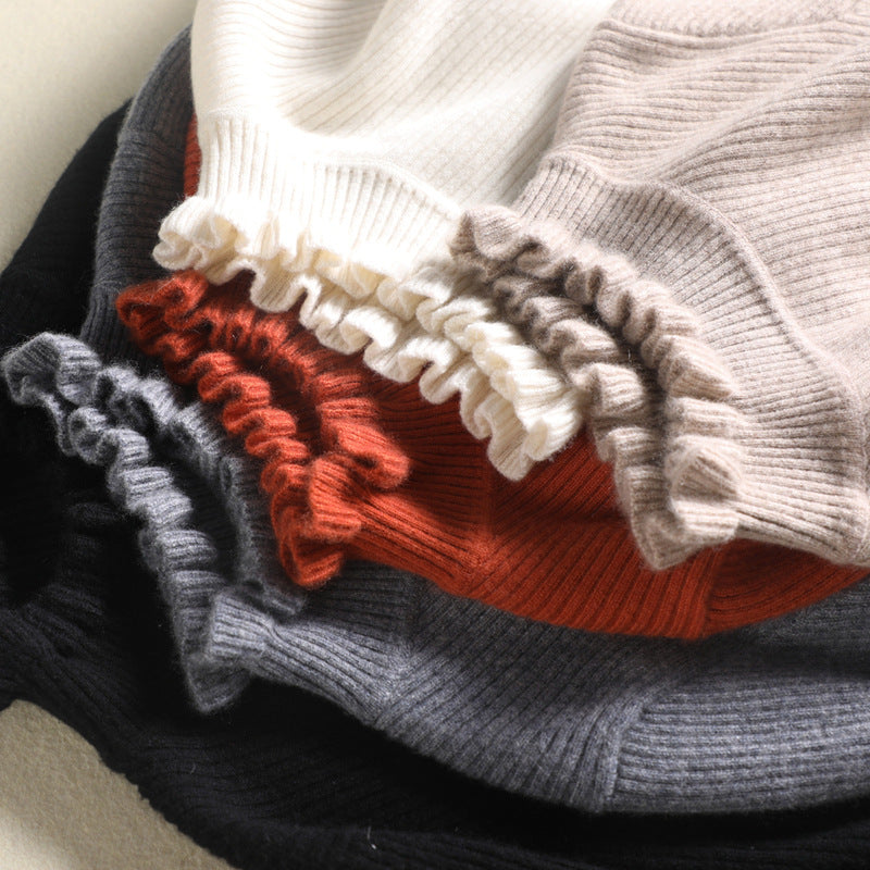 Damen Strick Top mit Rüschenkragen und langen Ärmeln