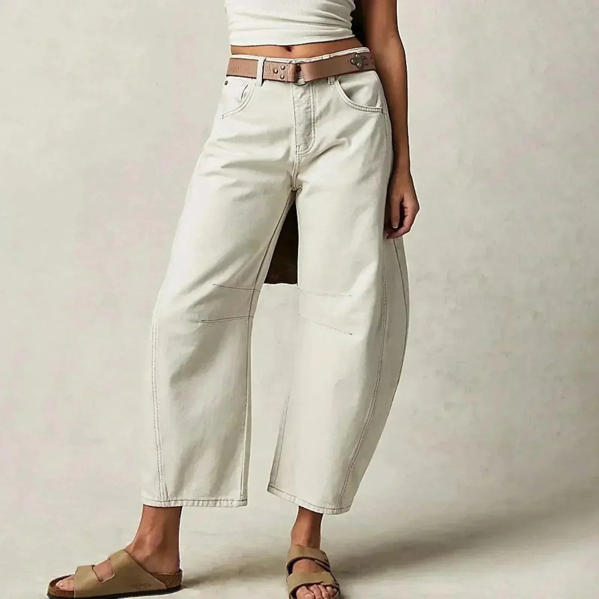 Damen Weite Jeans im Barrel Schnitt mit hohem Bund - Weiss