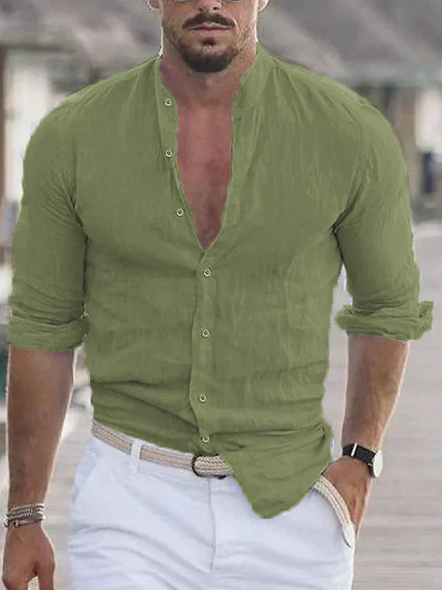 Herrenhemd mit Stehkragen und durchgehender Knopfleiste - Grün #Farbe_Grün