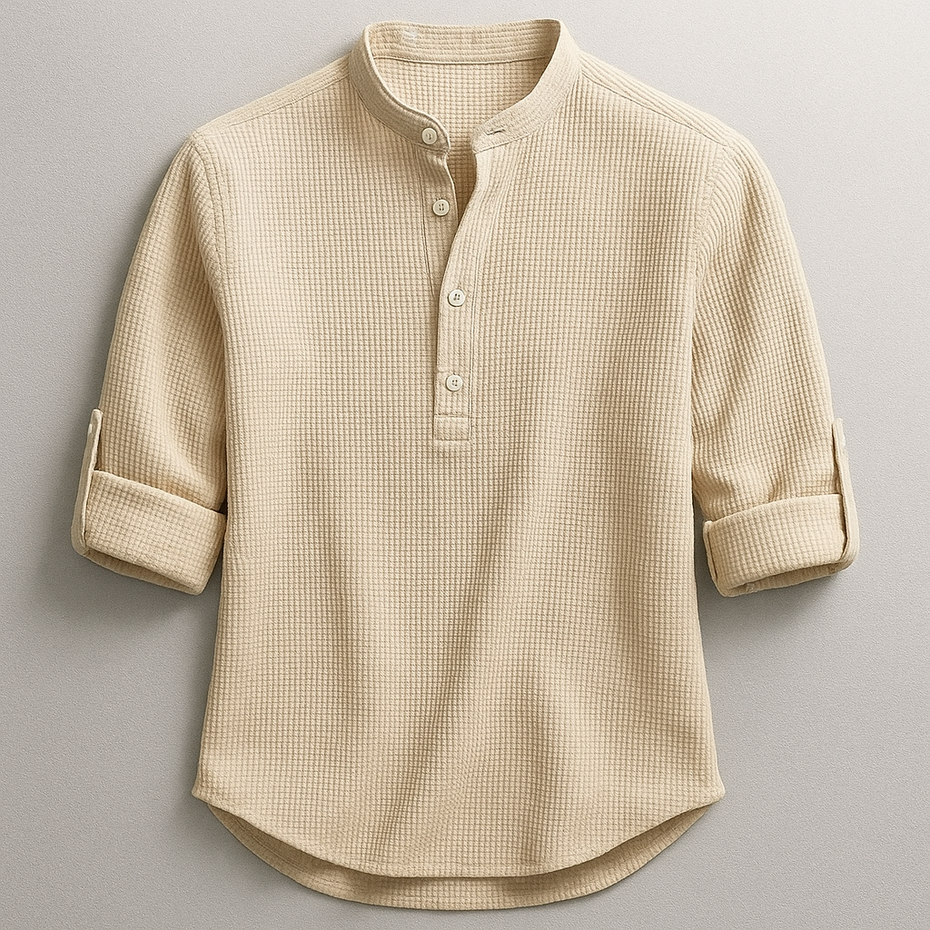 Herrenhemd mit Stehkragen und kurzer Knopfleiste - Khaki #Farbe_Khaki