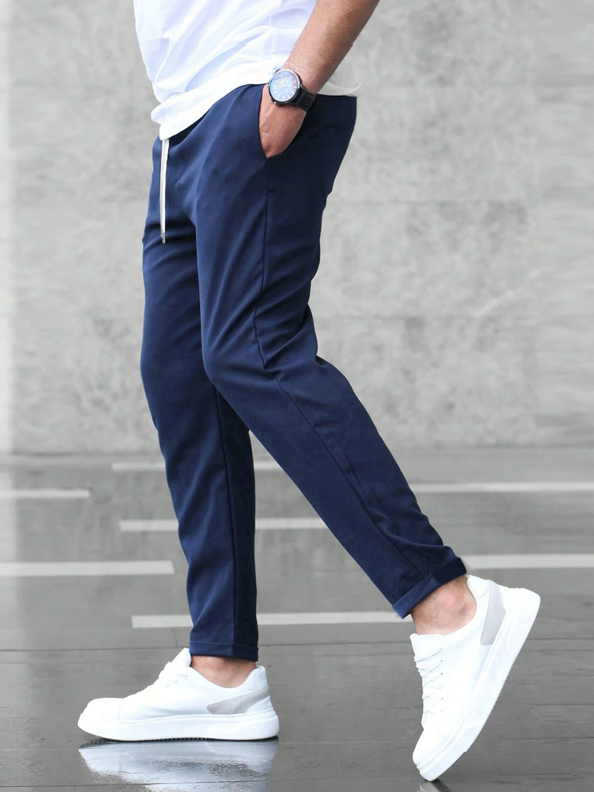 Hose Herren mit schmalem Bein und hellem Kordelbund - Marineblau #Farbe_Marineblau