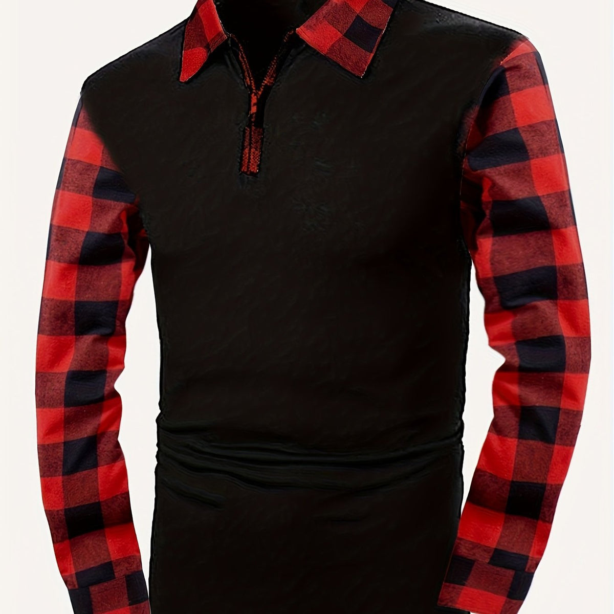 Poloshirt Herren langarm mit Karoärmeln und kurzem Zip - Rot #Farbe_Rot