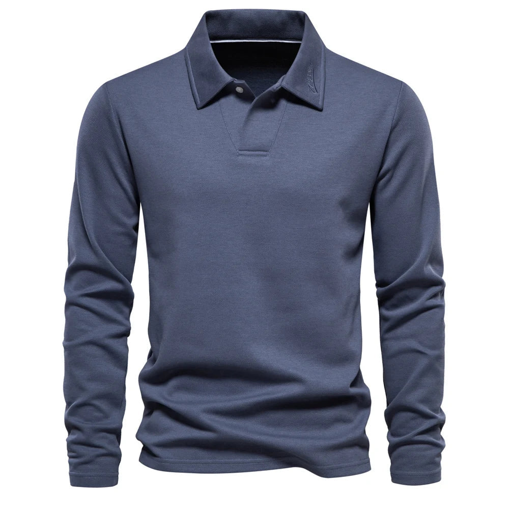Poloshirt Herren langarm mit offener kurzer Halsblende - Blau #Farbe_Blau