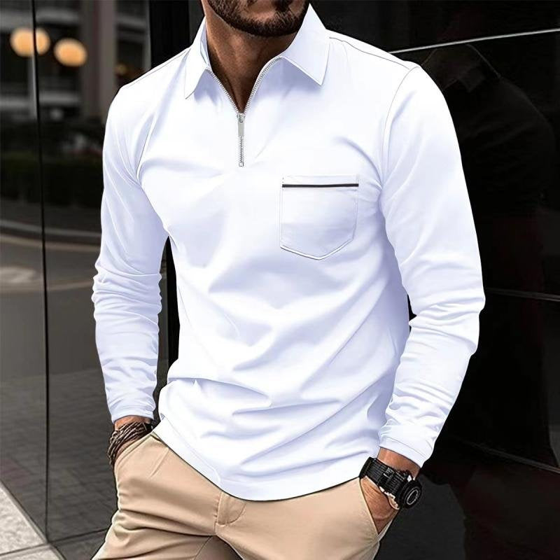 Poloshirt Herren langarm mit Zip und heller Taschenkante - Weiss #Farbe_Weiss