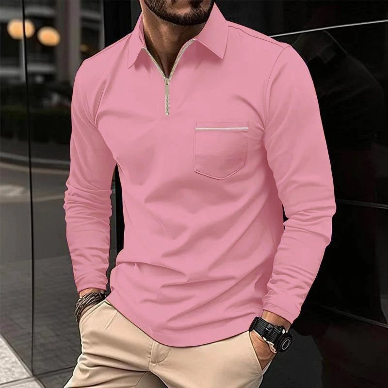 Poloshirt Herren langarm mit Zip und heller Taschenkante - Rosa #Farbe_Rosa