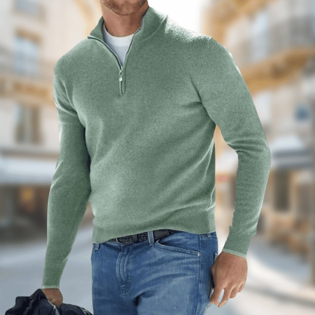 Strickpullover Herren mit hohem Kragen und glattem Saum - Grün #Farbe_Grün