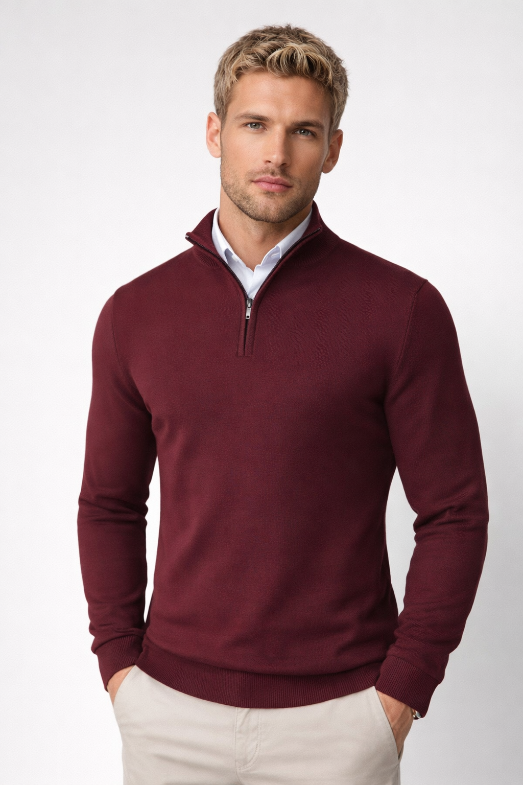 Strickpullover Herren mit kurzem Zip und schmalem Bund - Rot #Farbe_Rot