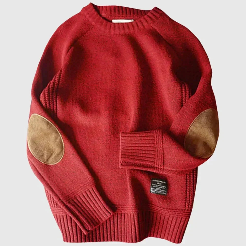 Strickpullover Herren mit Rundhals und Ellbogenbesatz - Rot #Farbe_Rot