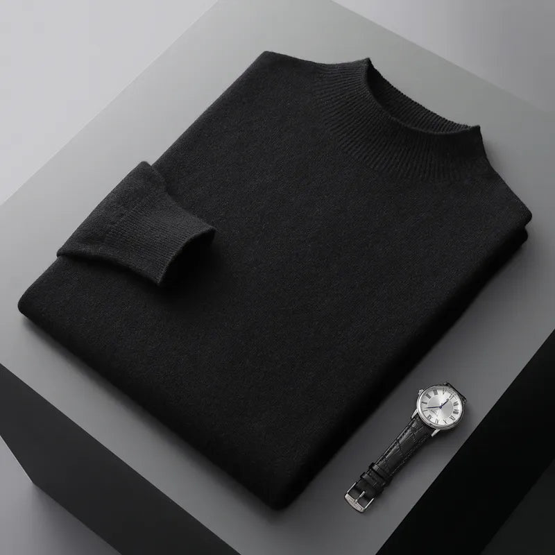 Strickpullover Herren mit Stehkragen und feinem Ripprand - Schwarz #Farbe_Schwarz