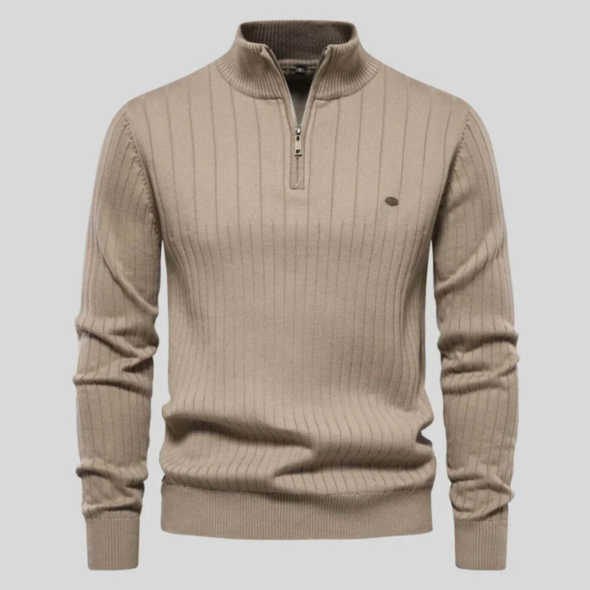 Strickpullover Herren mit Stehkragen und kurzem Zipper - Beige #Farbe_Beige