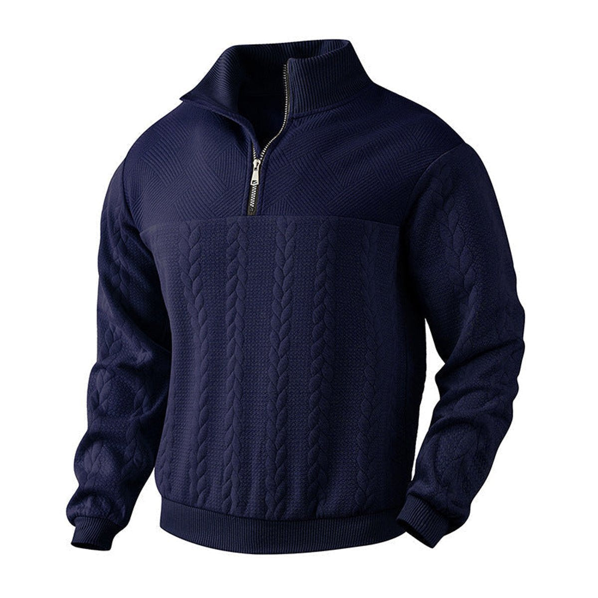 Strickpullover Herren mit Zopfmuster und glatter Passe - Marineblau #Farbe_Marineblau