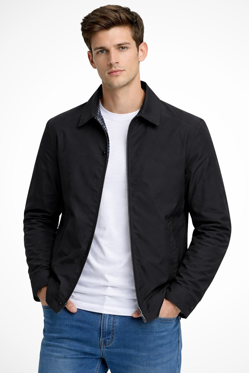 Übergangsjacke Herren mit Hemdkragen und kariertem Innenbild - Schwarz #Farbe_Schwarz