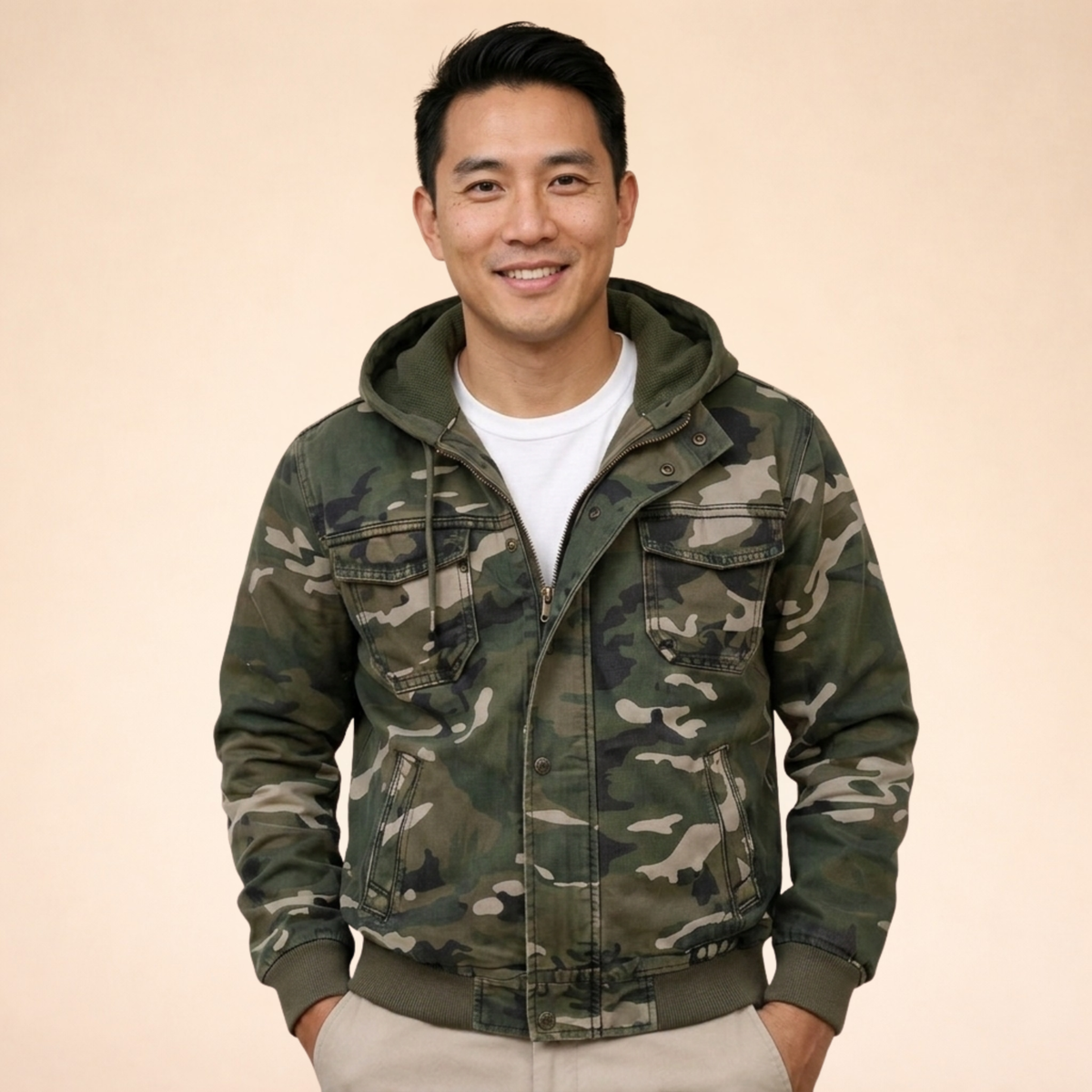Übergangsjacke Herren mit Kapuze und Camouflage-Muster - Militärgrün #Farbe_Militärgrün
